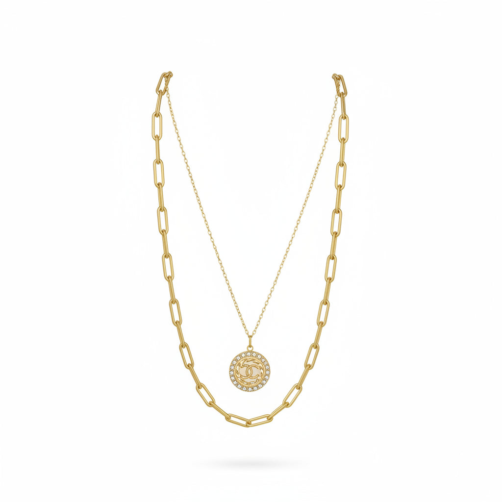 Layered Link & Pave Medallion Necklace