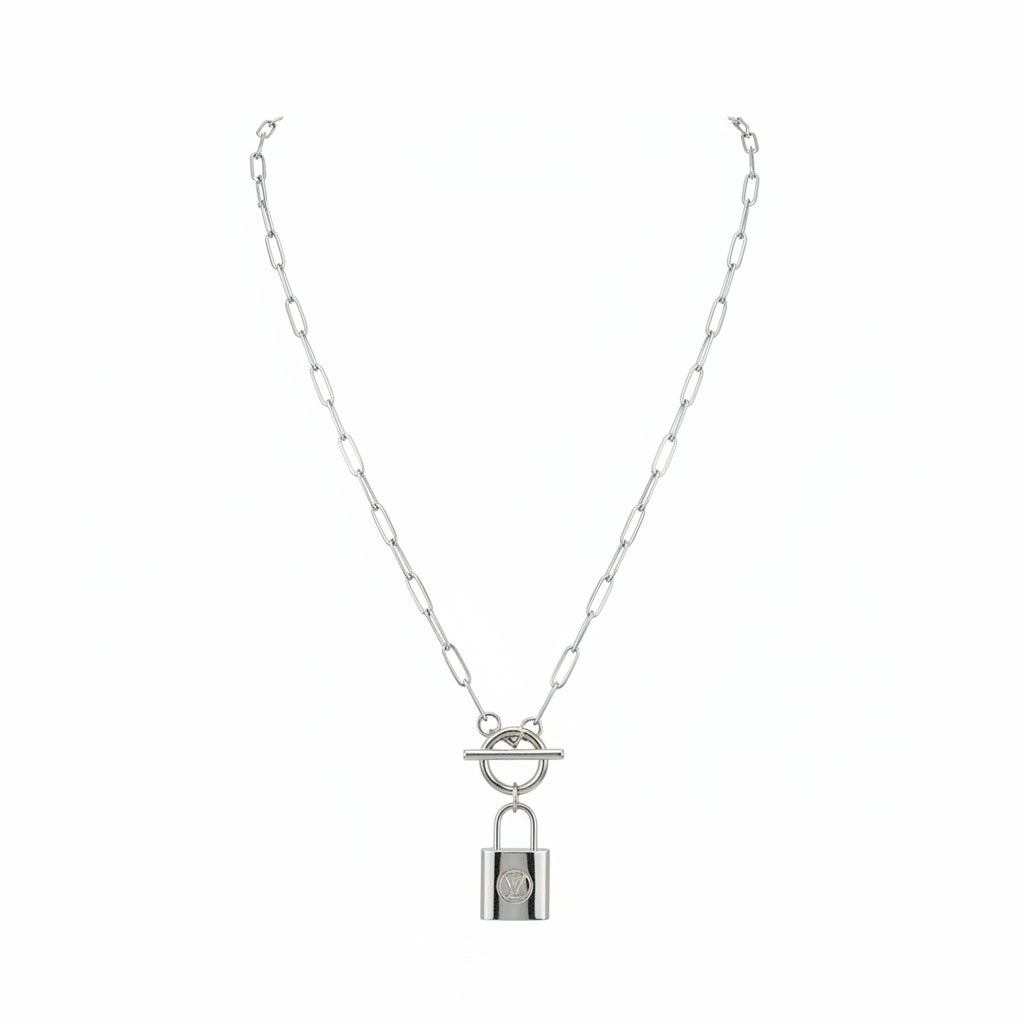Silver Luxe Toggle Necklace with Lock Charm