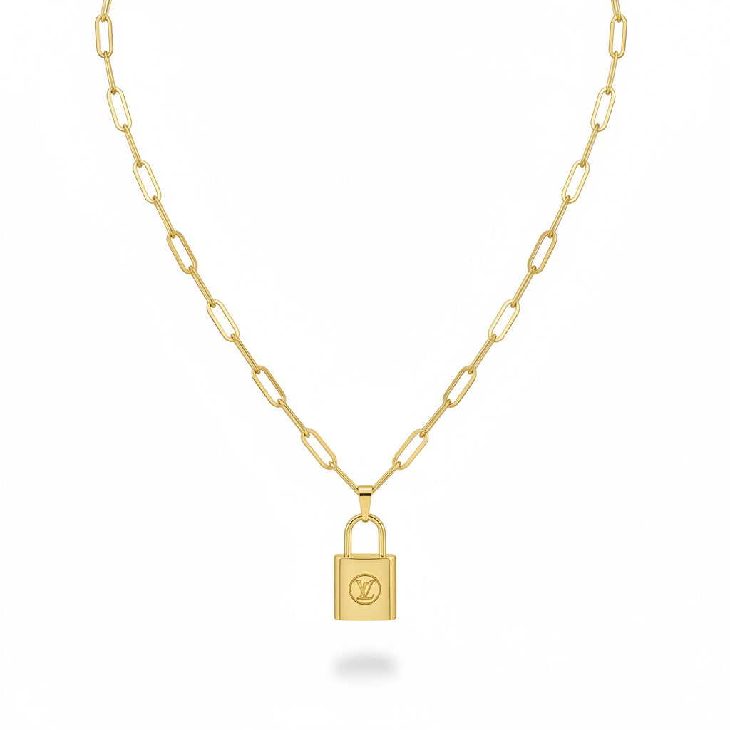 Golden Lock Charm Paperclip Necklace