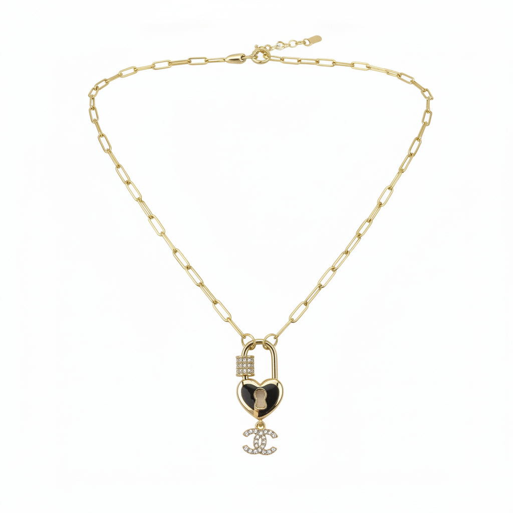 Pave Heart Lock Charm Link Necklace