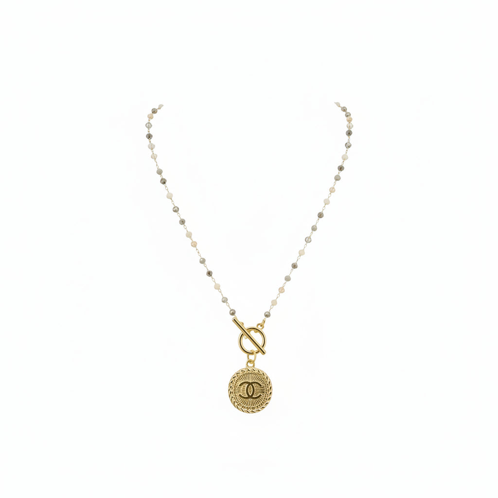 Neutral Beaded Rosary Toggle Necklace with Button Charm