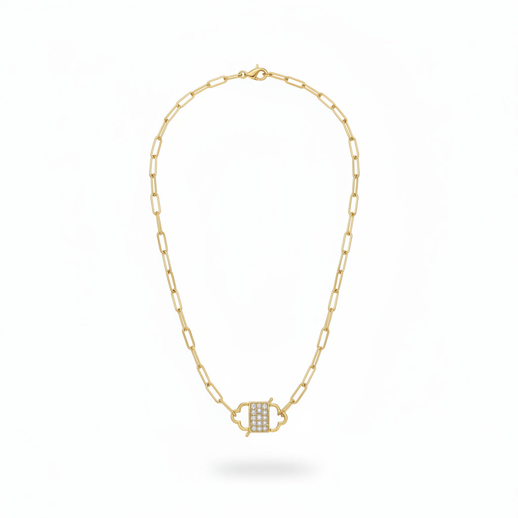 Paperclip Chain Necklace with Pave Lock Detail