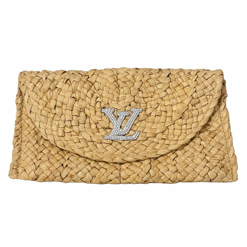 Natural Woven Clutch with Silver Rhinestone LV Emblem