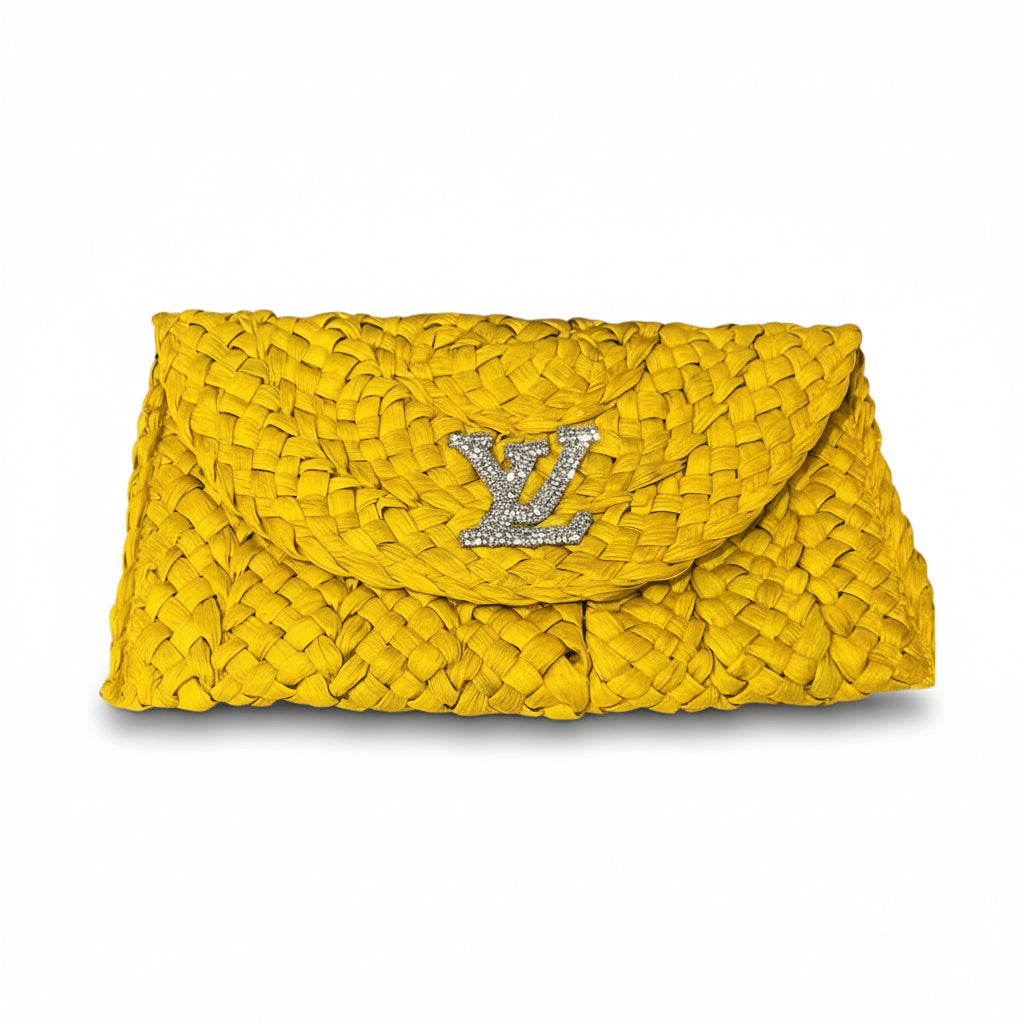 Yellow Woven Clutch with Silver Rhinestone LV Emblem