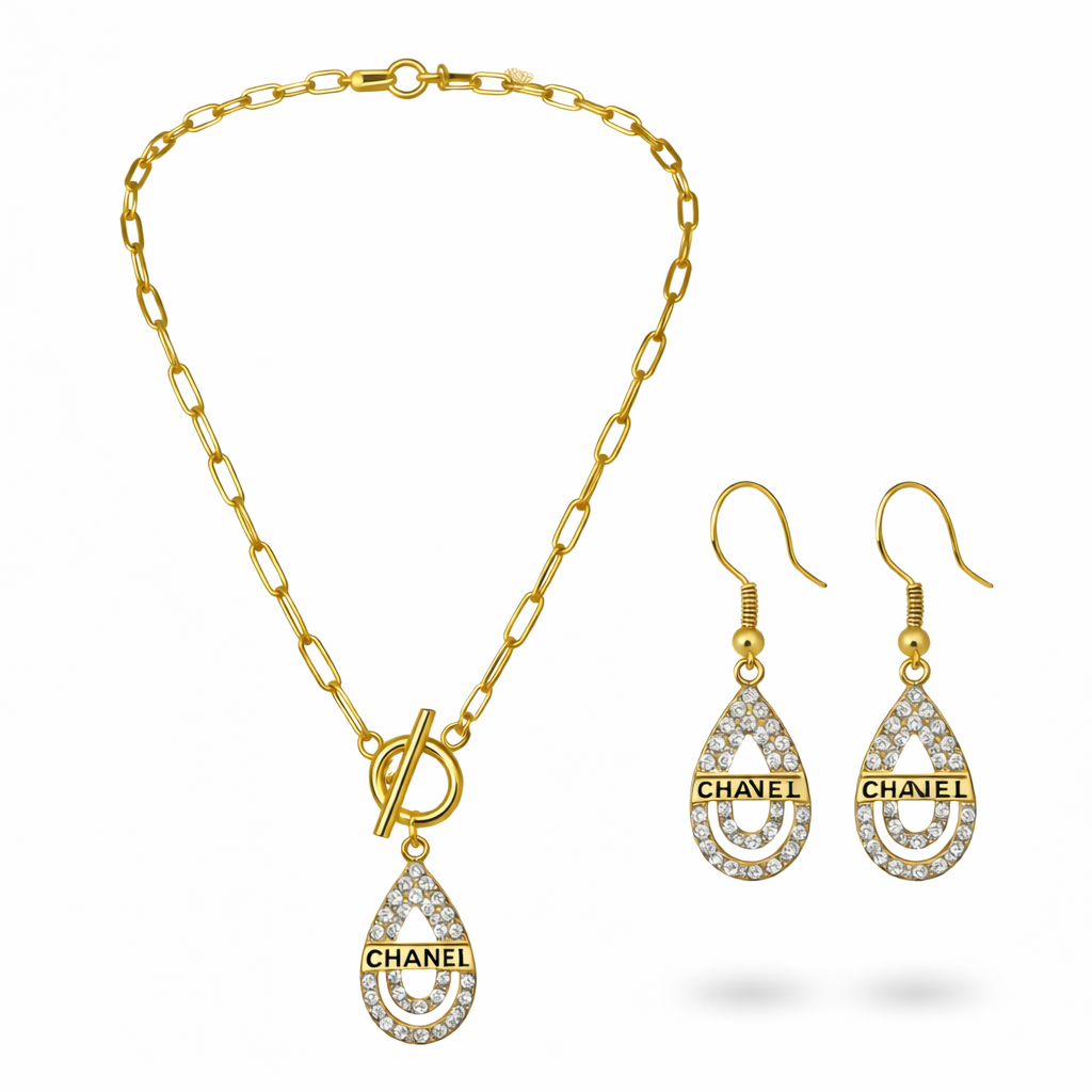 Rhinestone Teardrop Toggle Necklace & Earring Set