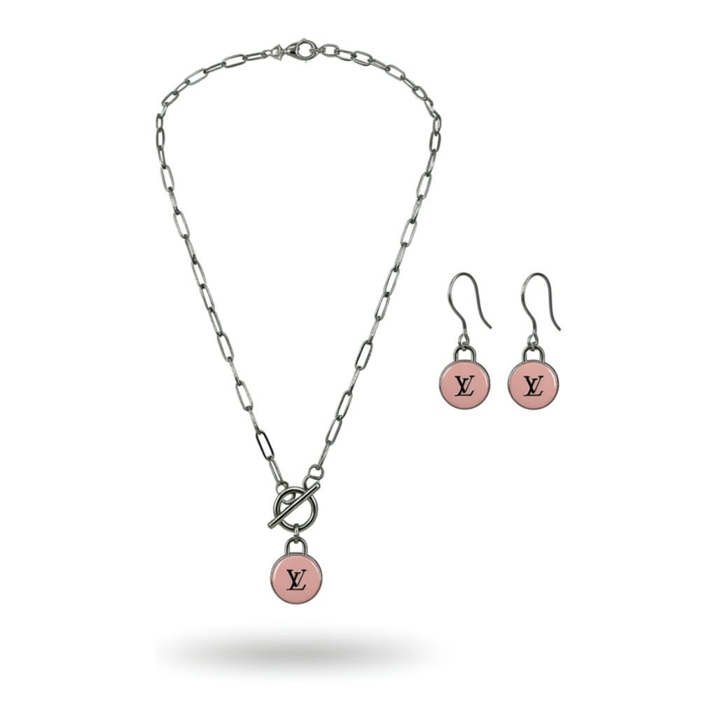 Blush Monogram Toggle Necklace & Earring Set in Silver