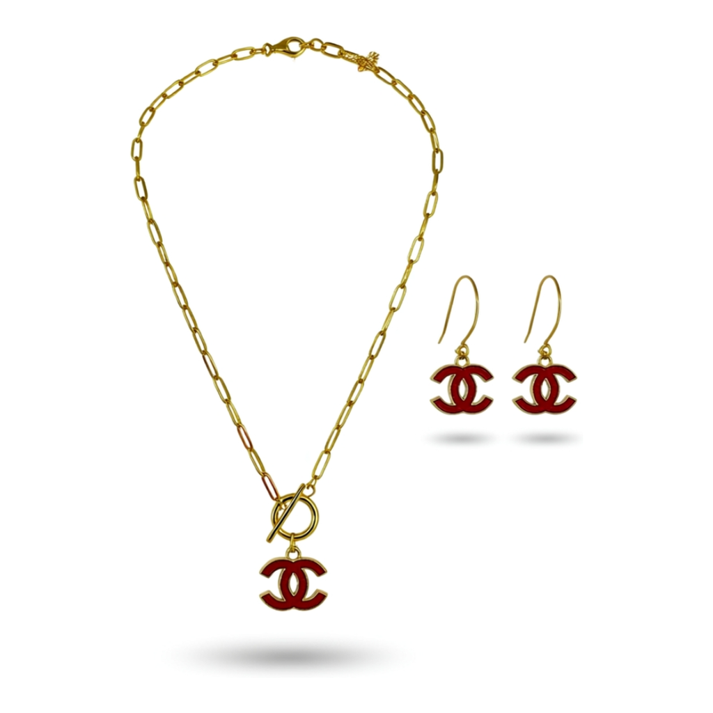 Red Enamel Icon Toggle Necklace & Earring Set