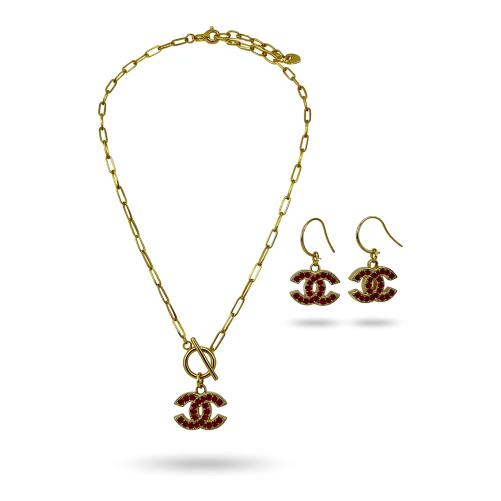 Red Rhinestone Icon Toggle Necklace & Earring Set