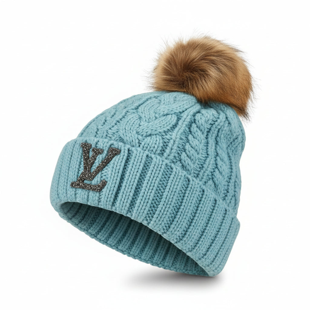 Icy Blue Pom Beanie with Rhinestone Monogram