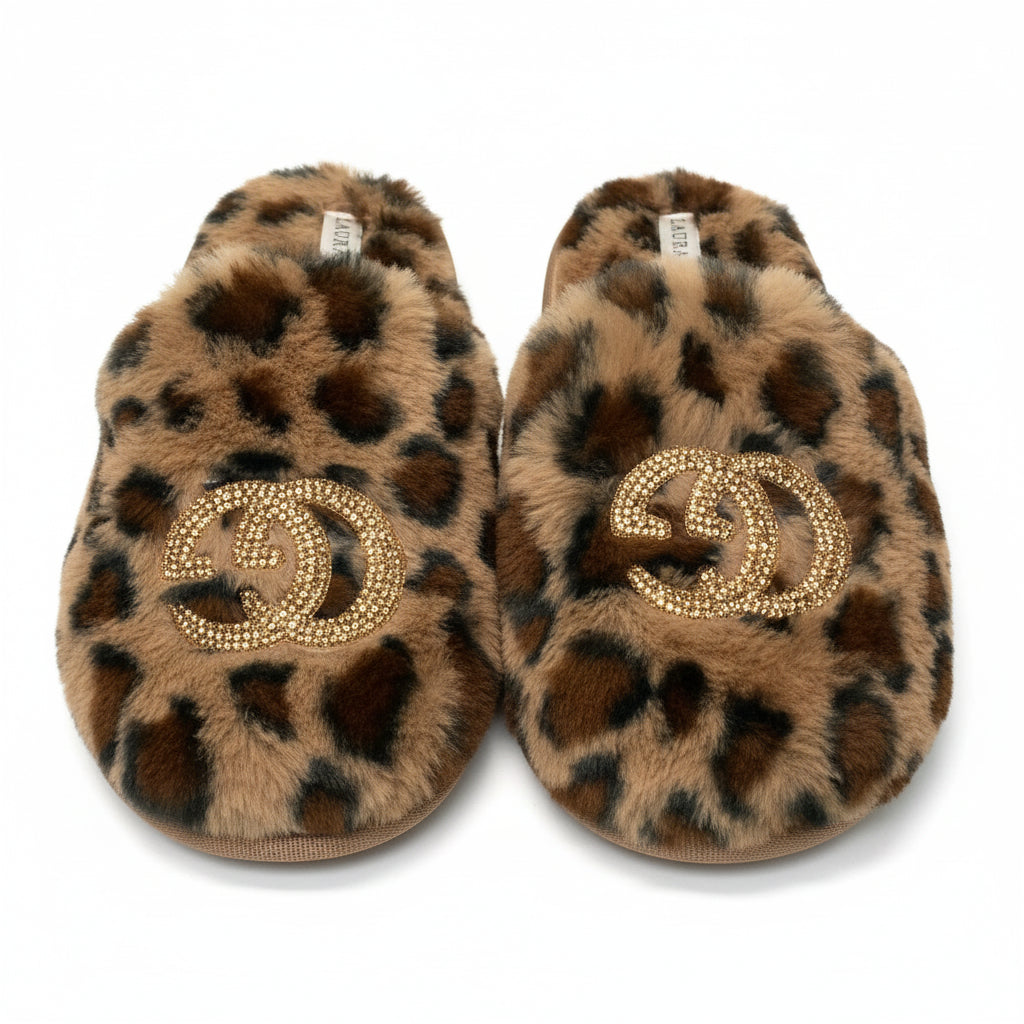 Fuzzy Leopard Print Slippers with Your Choice of Bling
