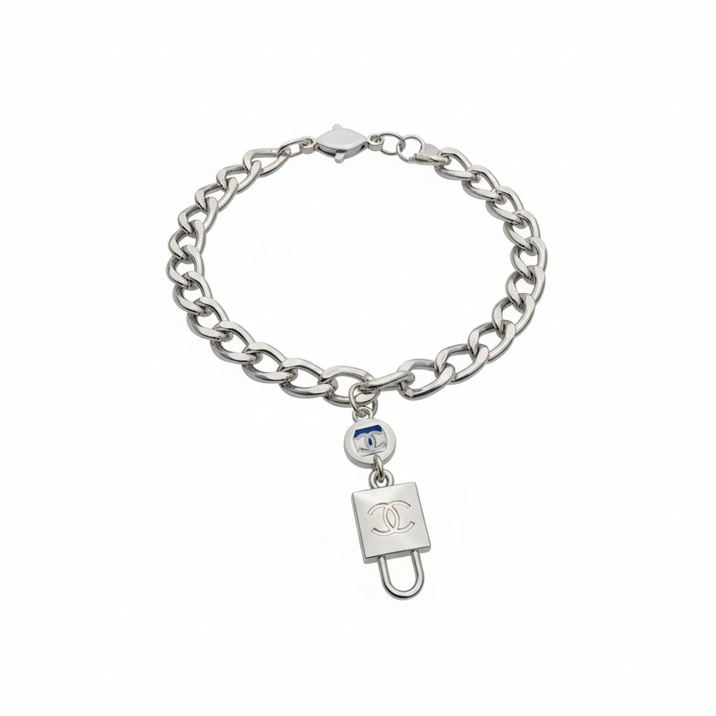Silver Link Lock & Key Charm Bracelet