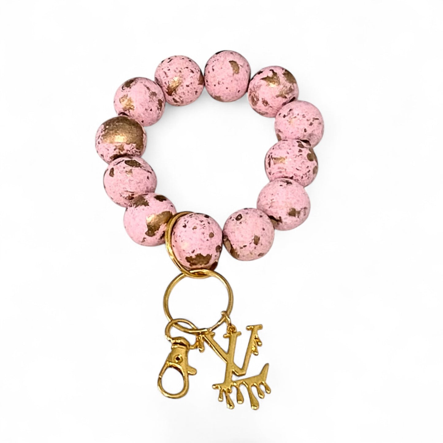 Pink & Gold Beaded Wristlet Keychain with Charm