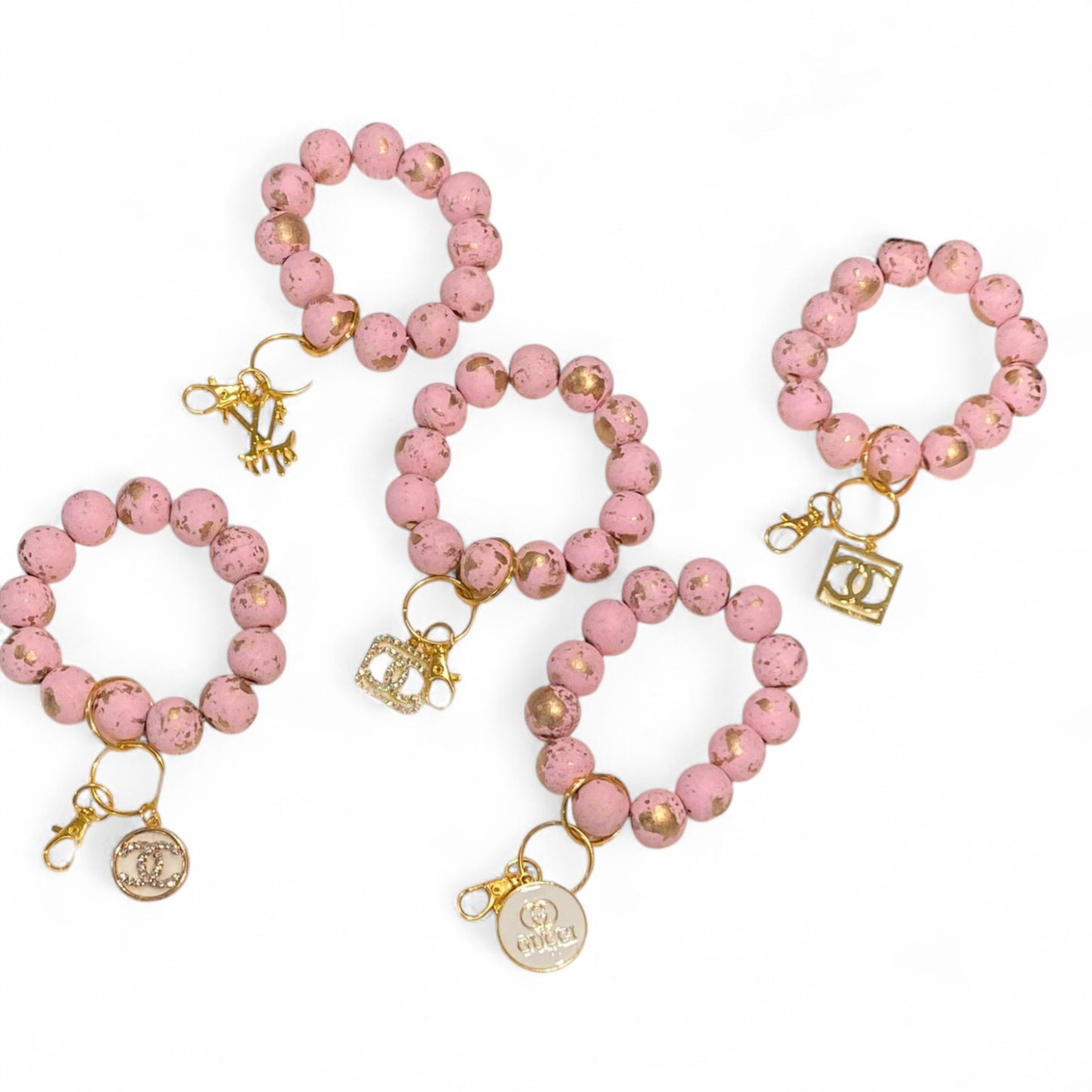 Pink & Gold Beaded Wristlet Keychain with Charm