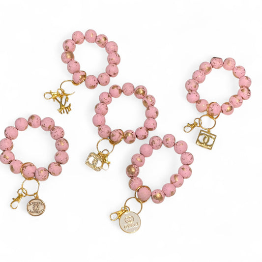 Pink & Gold Beaded Wristlet Keychain with Charm