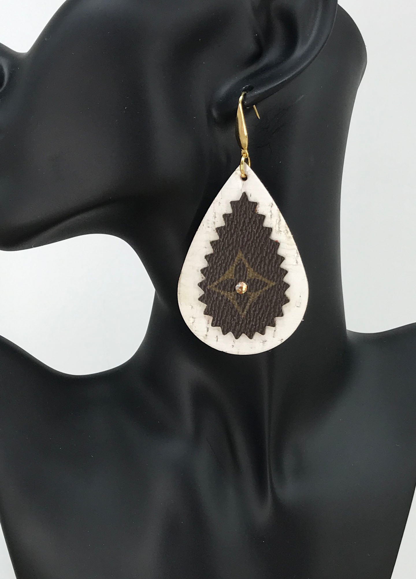 Layered Teardrop Leather Earrings with Golden Shadow Crystal