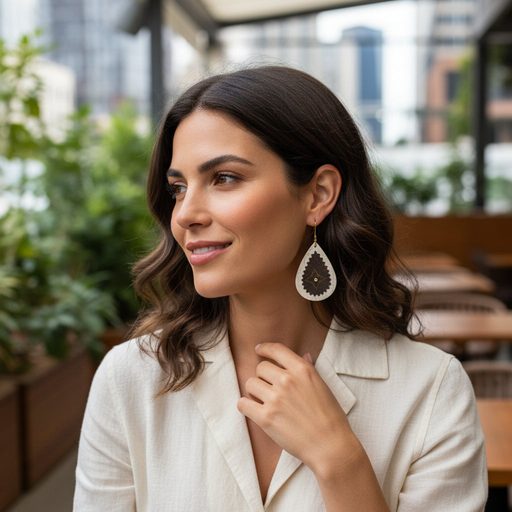 Layered Teardrop Leather Earrings with Golden Shadow Crystal