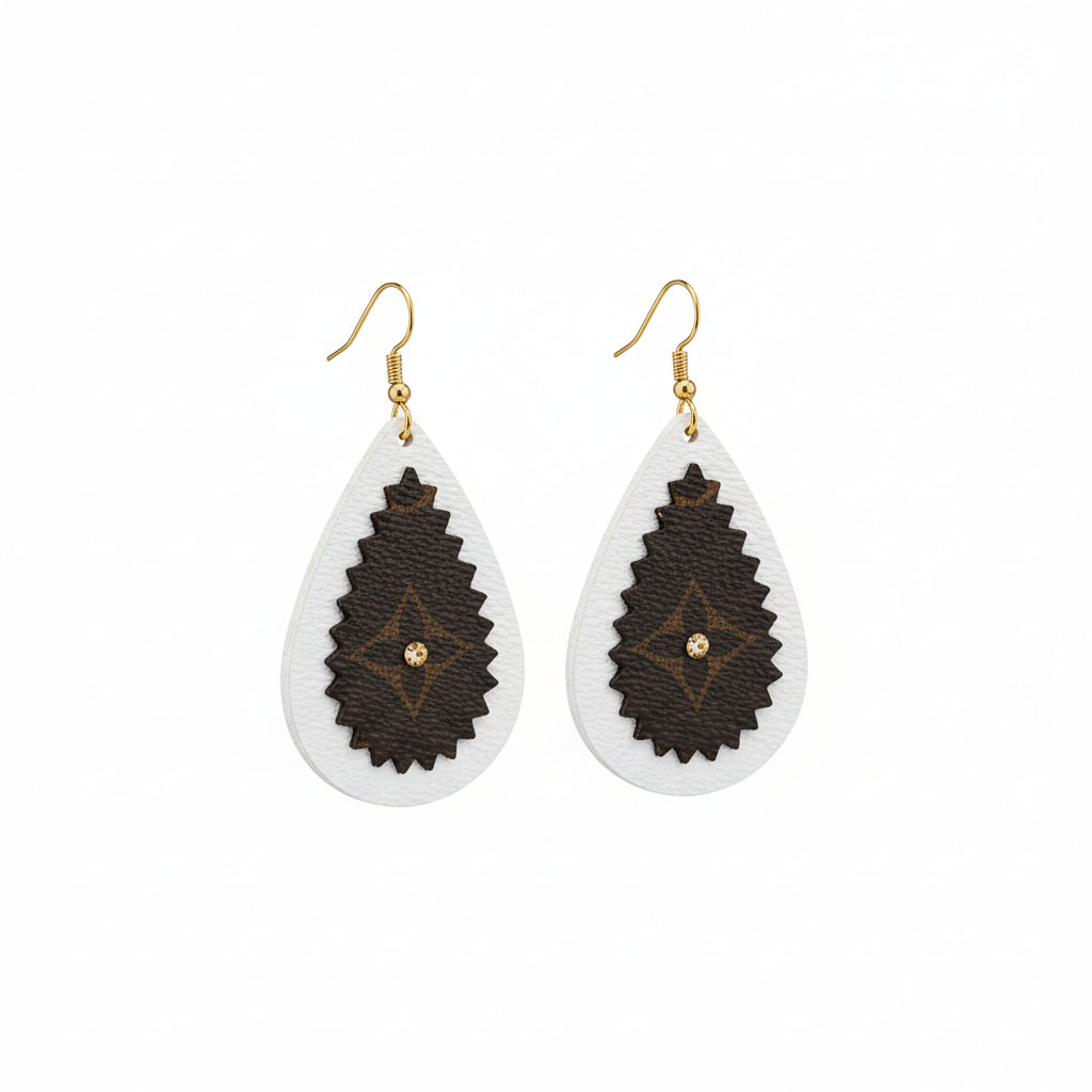 Layered Teardrop Leather Earrings with Golden Shadow Crystal