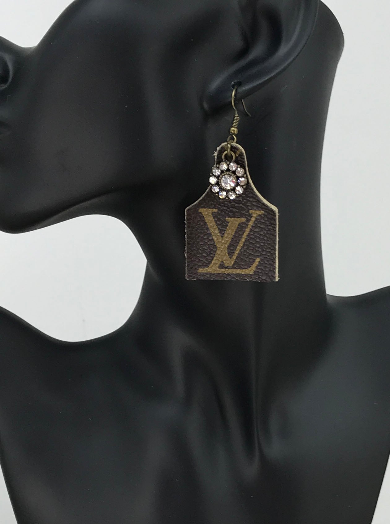 Rhinestone Bloom Cow Tag Leather Earrings