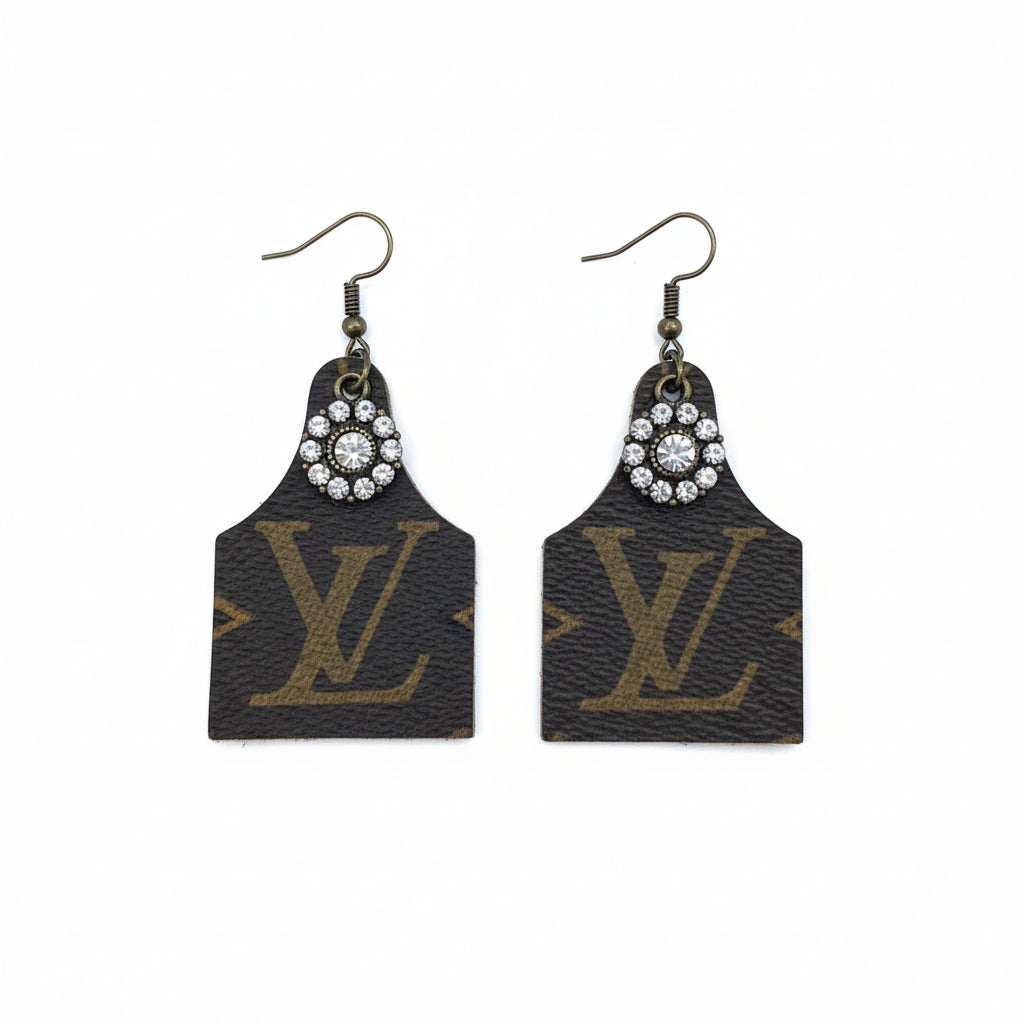 Rhinestone Bloom Cow Tag Leather Earrings
