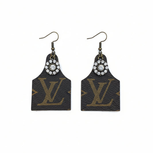 Rhinestone Bloom Cow Tag Leather Earrings