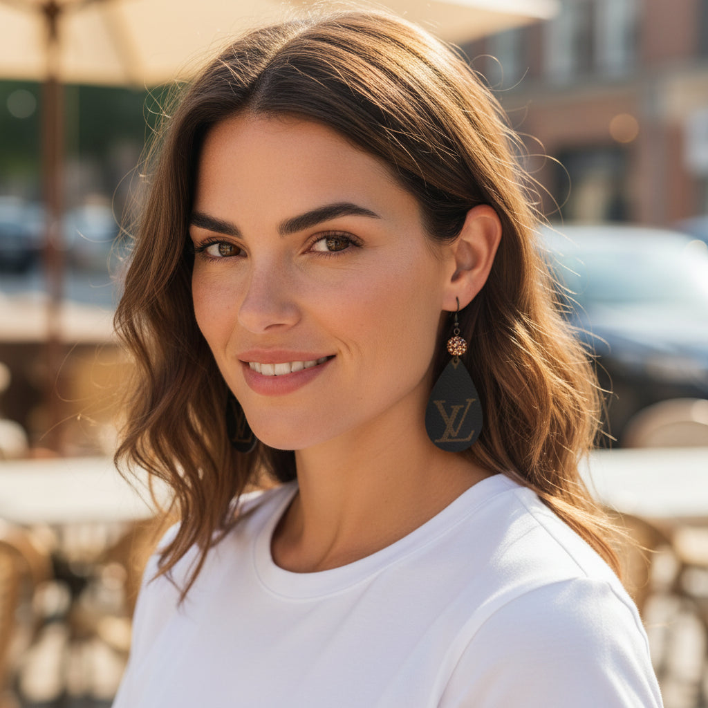 Leopard Spark Bead Leather Teardrop Earrings