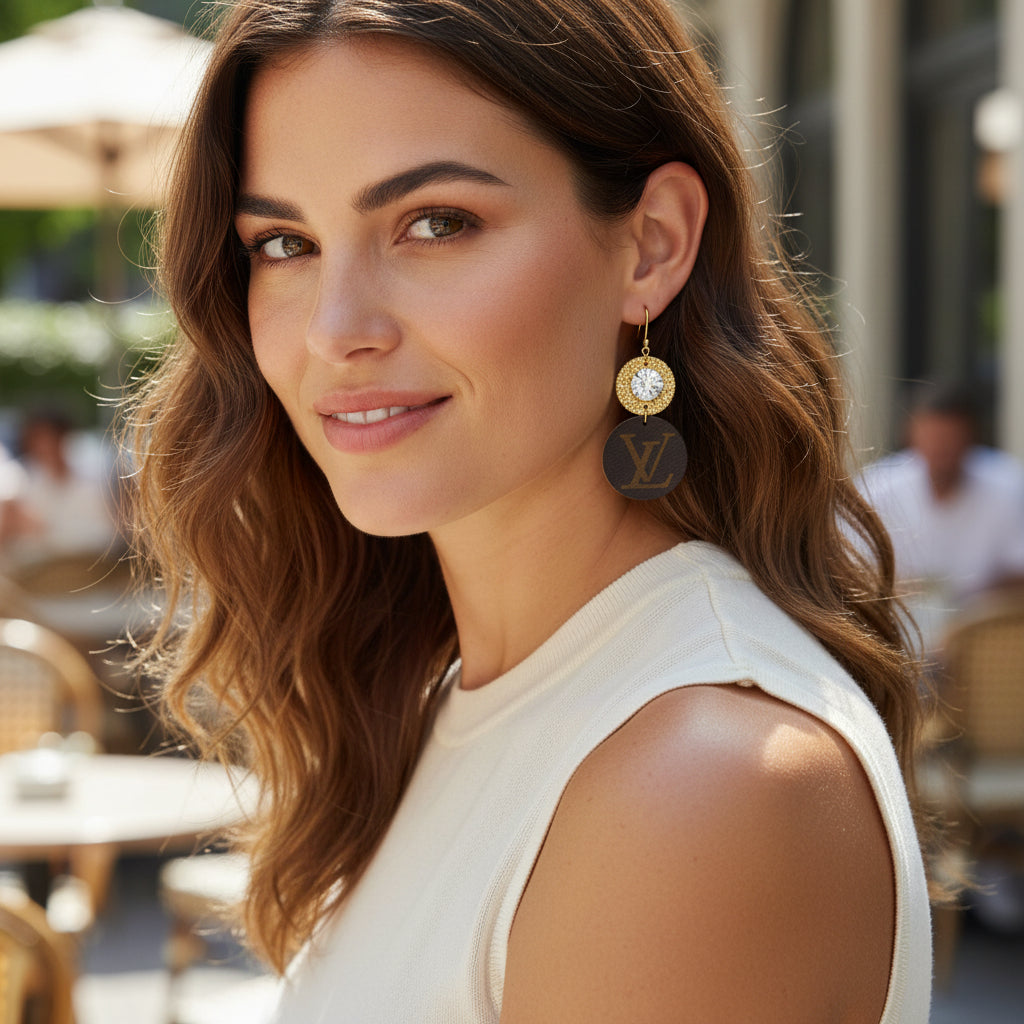 Golden Crystal & Leather Double Drop Earrings