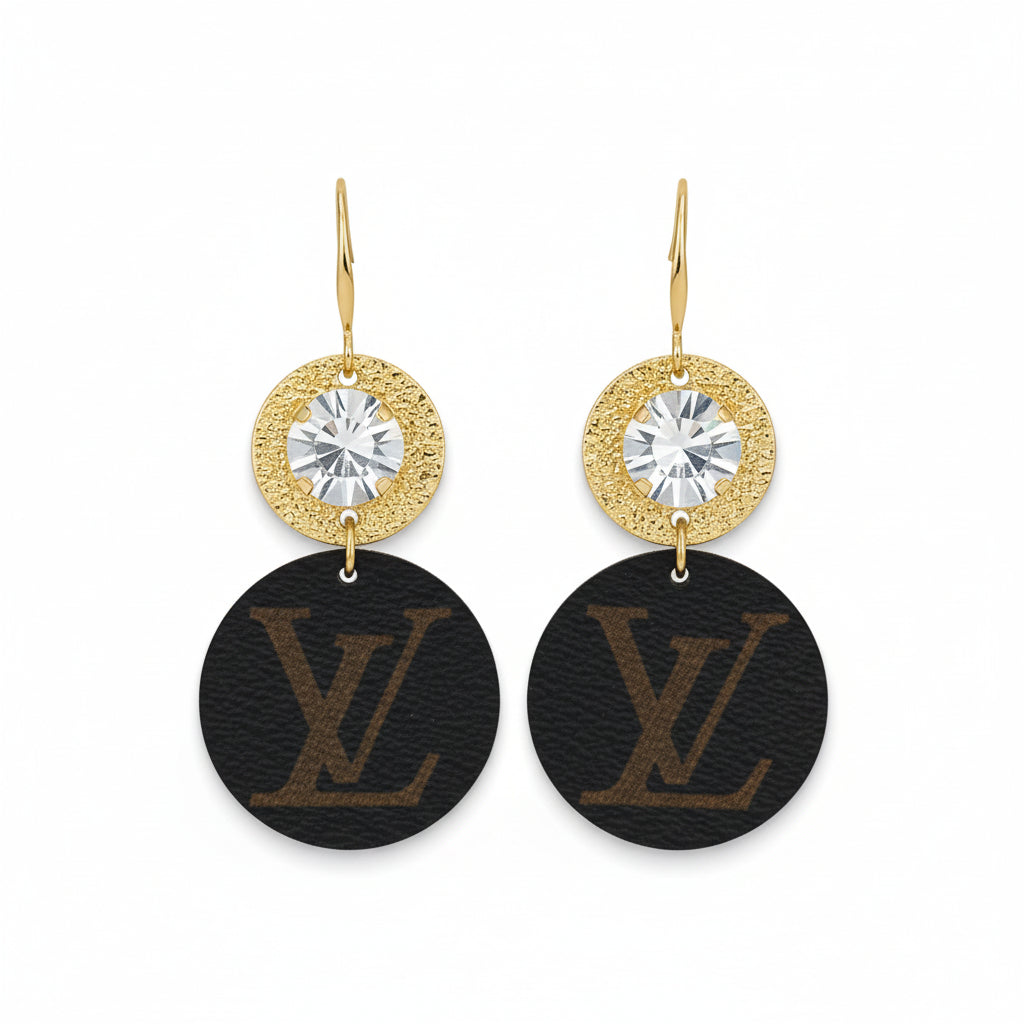 Golden Crystal & Leather Double Drop Earrings