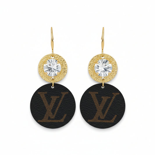 Golden Crystal & Leather Double Drop Earrings