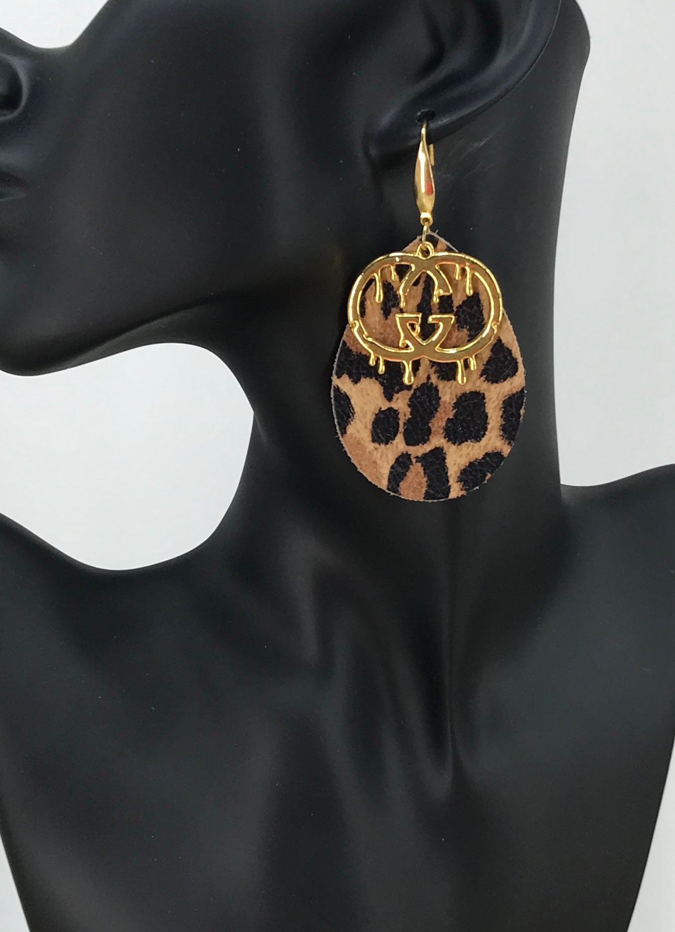 Drip GG Charm Leopard Leather Drop Earrings