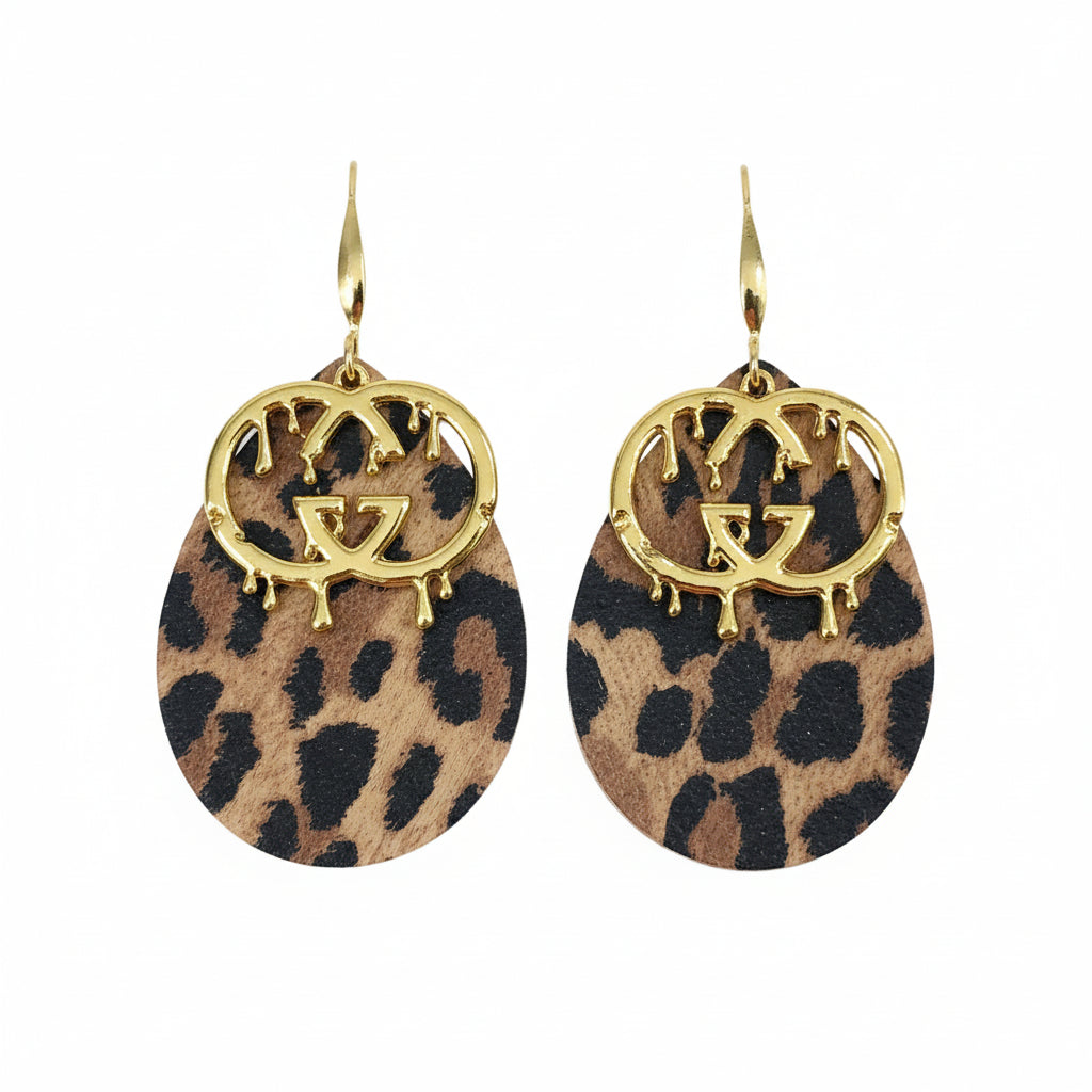 Drip GG Charm Leopard Leather Drop Earrings