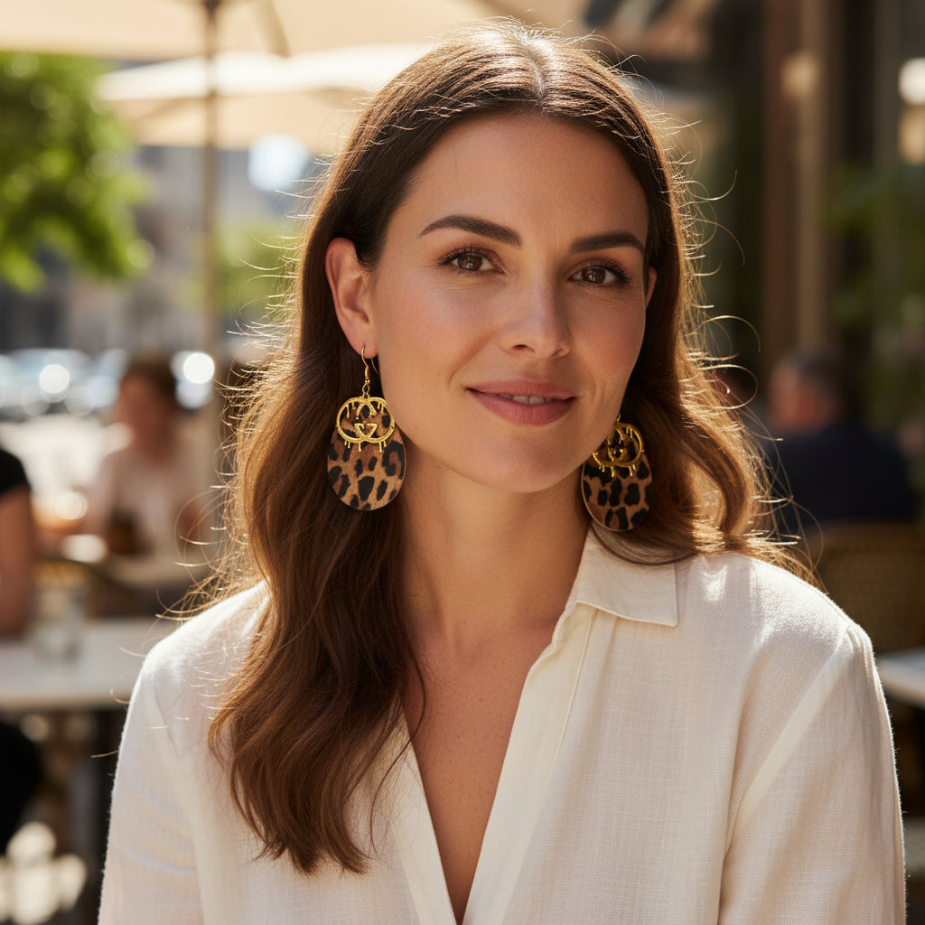 Drip GG Charm Leopard Leather Drop Earrings