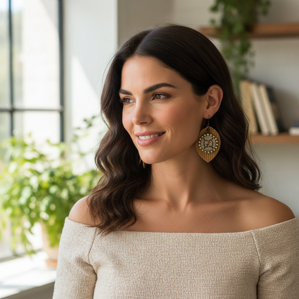 Rhinestone Medallion Mustard Leaf Drop Earrings