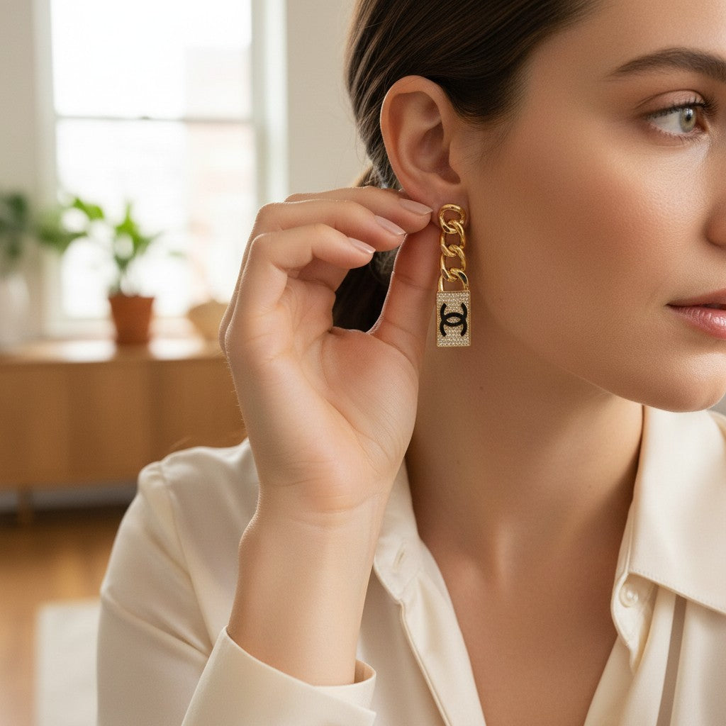 Pave Lock Chain Drop Earrings