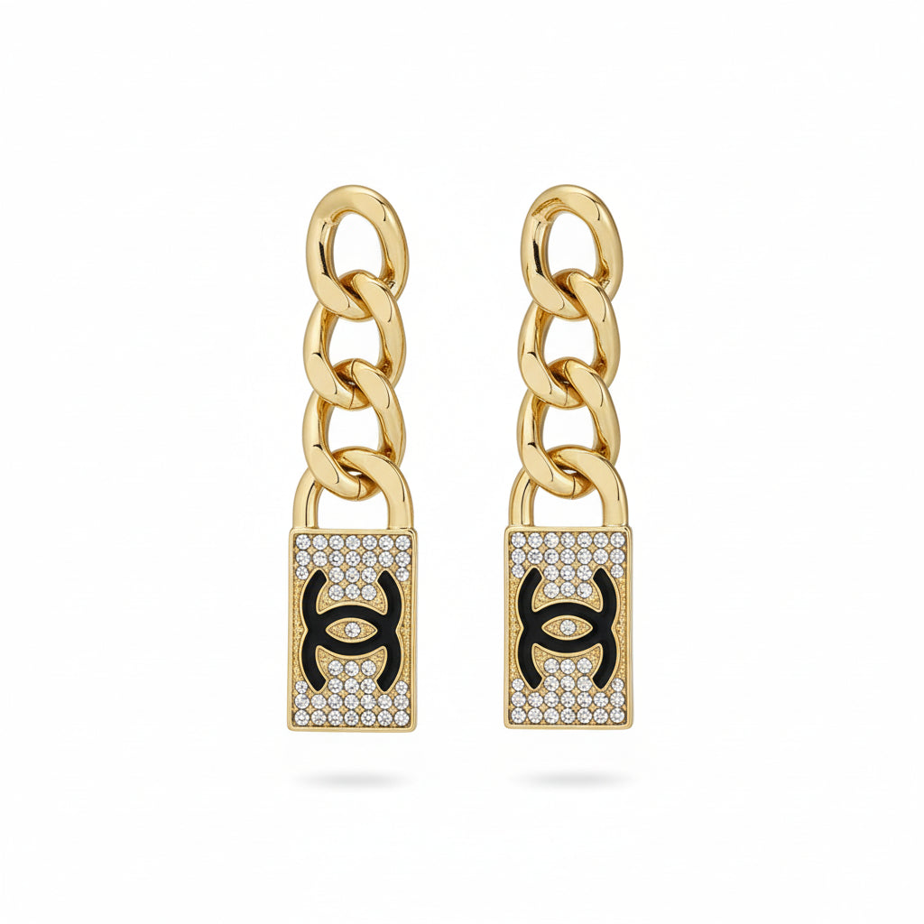Pave Lock Chain Drop Earrings