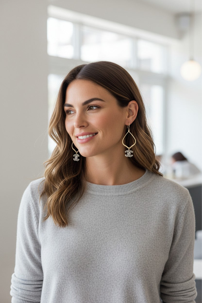 Pavé Double-C Charm Open Teardrop Drop Earrings