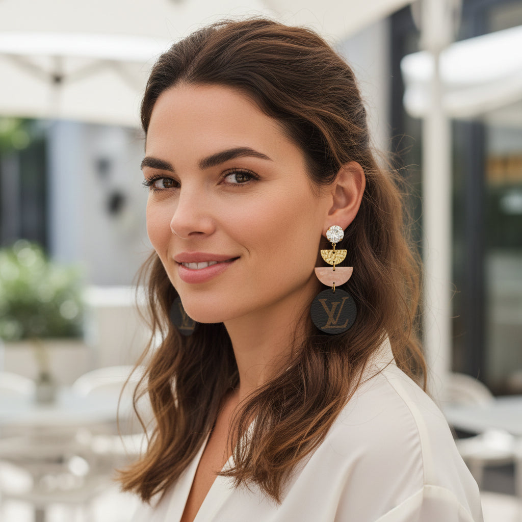 Marble Moon & Leather Statement Drop Earrings