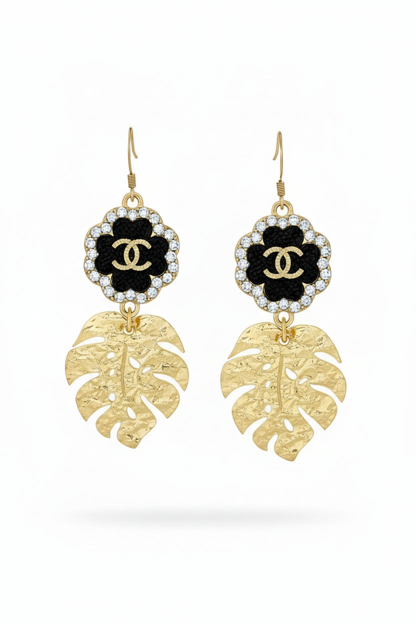 Pave Bloom Monstera Leaf Drop Earrings