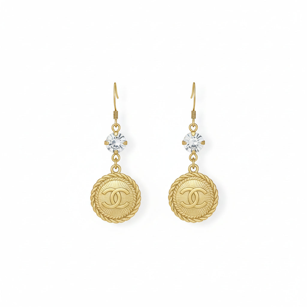 Crystal Top Gilded Signature Charm Drop Earrings