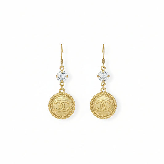 Crystal Top Gilded Signature Charm Drop Earrings