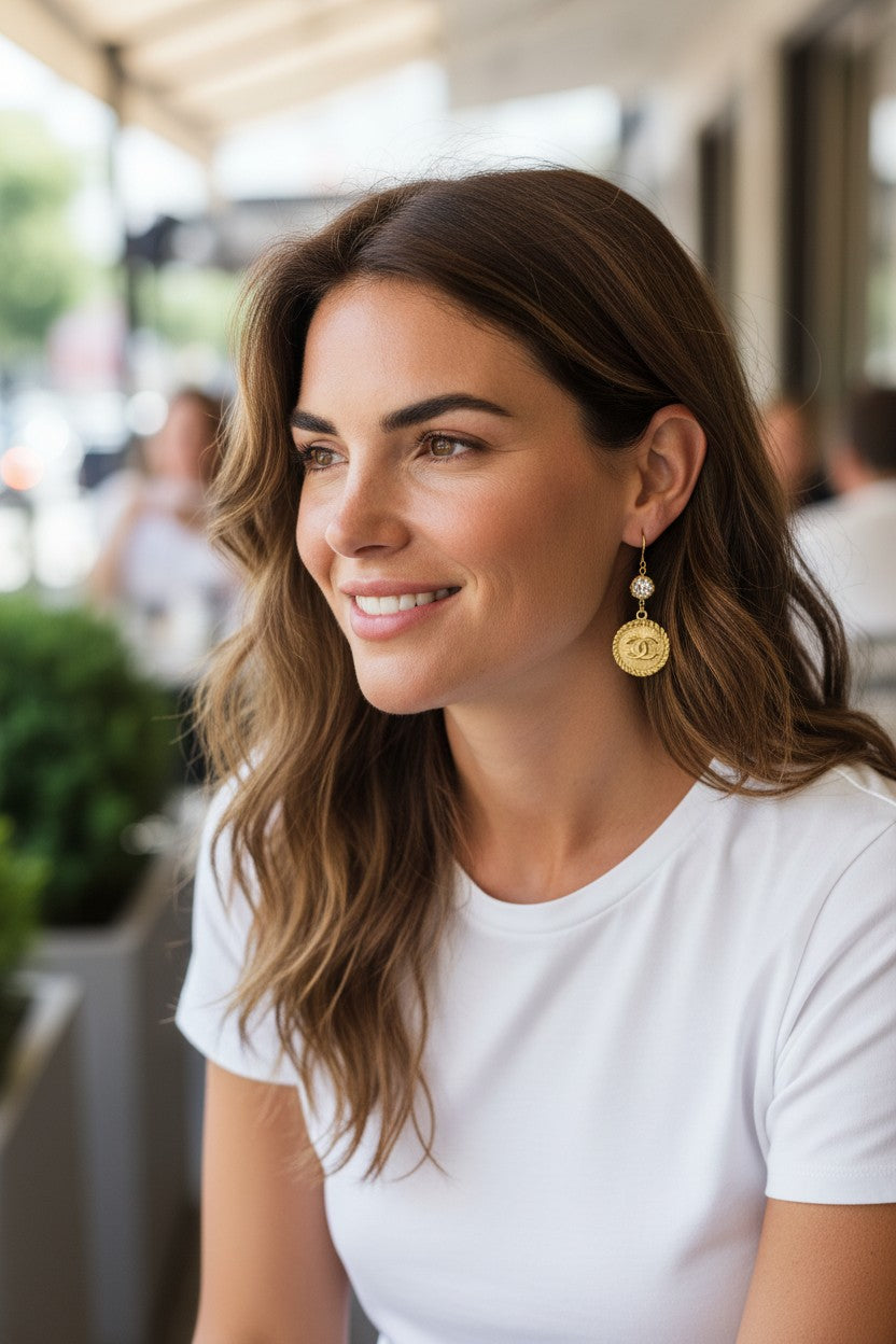 Crystal Top Gilded Signature Charm Drop Earrings