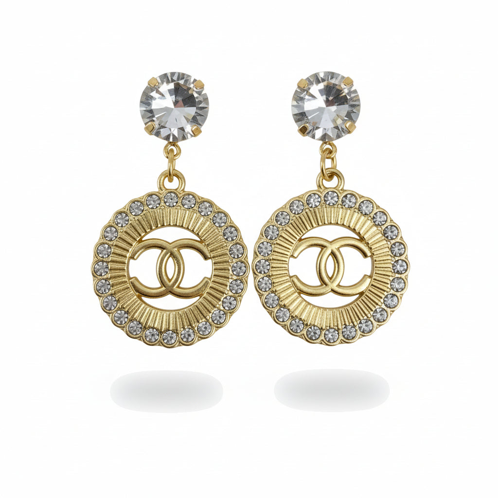 Crystal Top Pave Sunburst Charm Drop Earrings