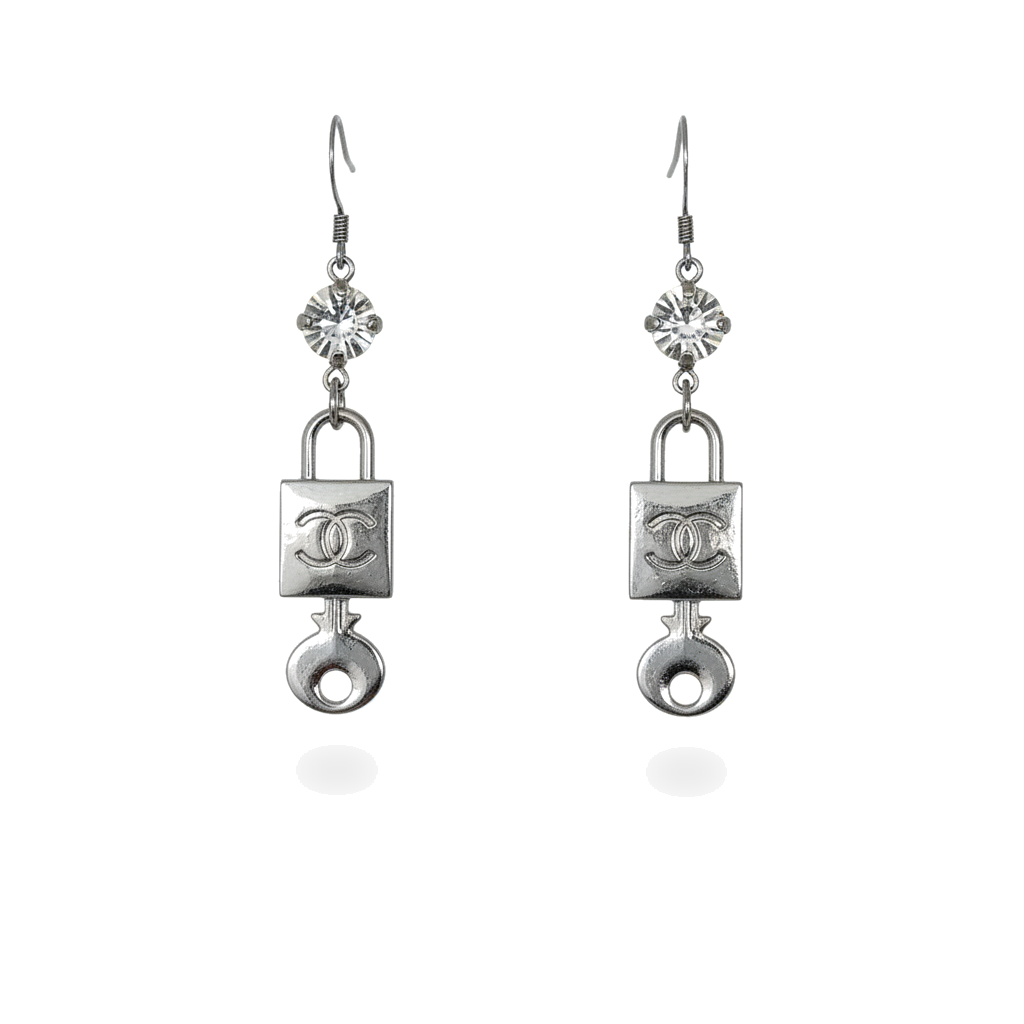 Crystal Top Silver Lock Charm Drop Earrings