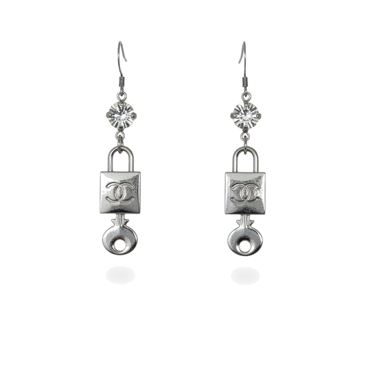 Crystal Top Silver Lock Charm Drop Earrings