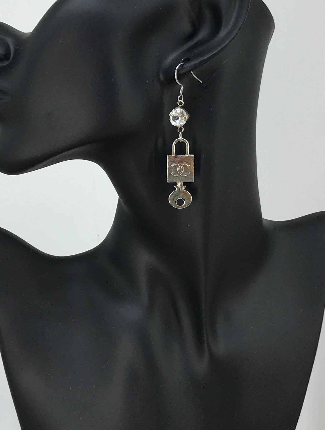 Crystal Top Silver Lock Charm Drop Earrings