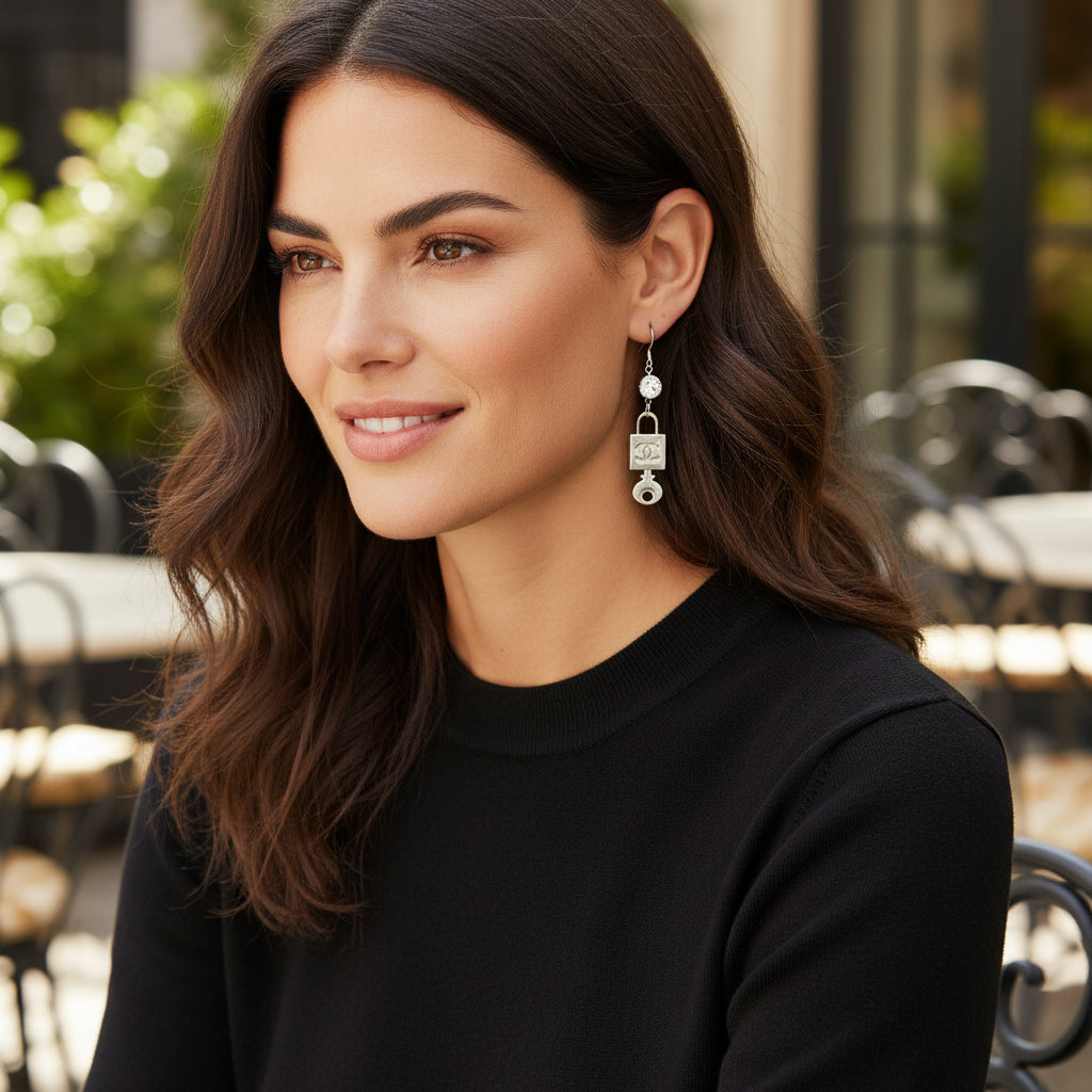 Crystal Top Silver Lock Charm Drop Earrings
