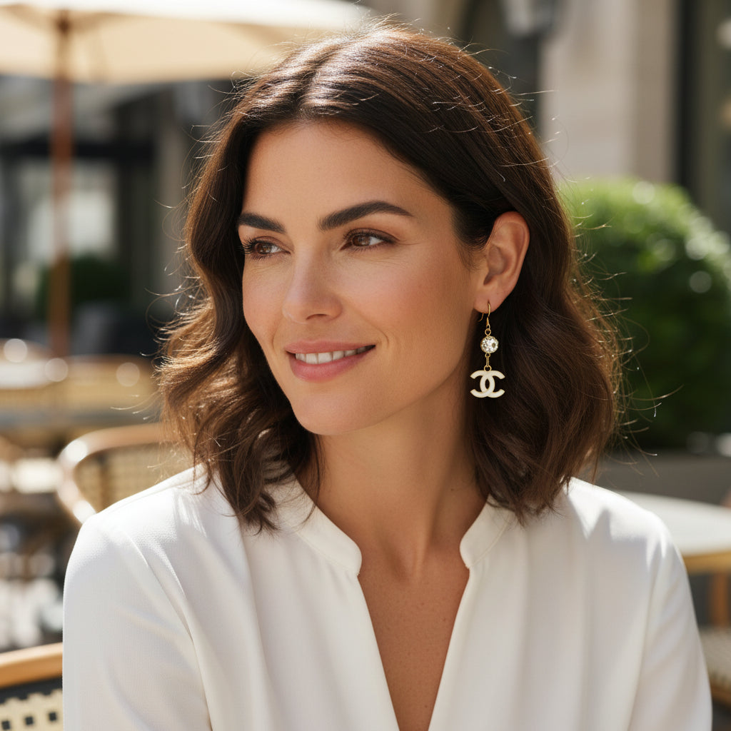Crystal Top Ivory CC Charm Drop Earrings