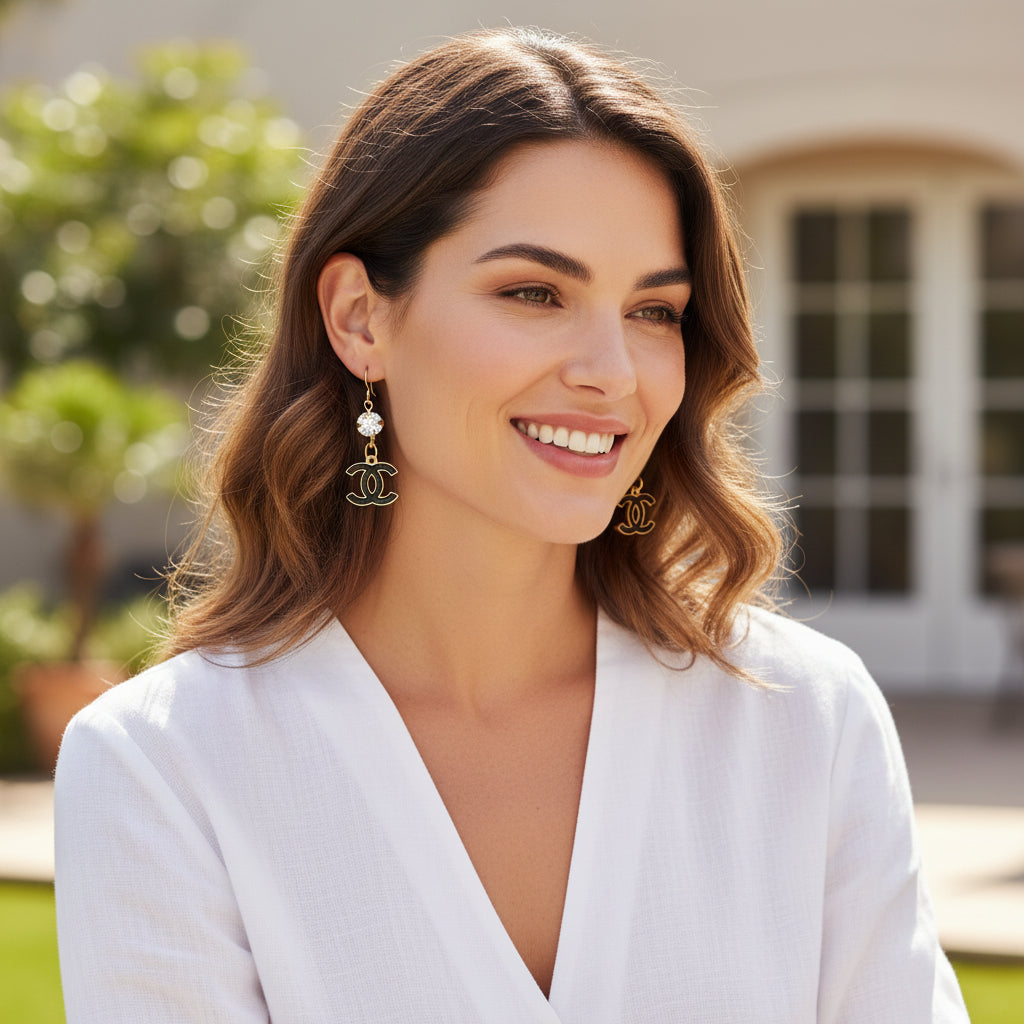 Crystal Top Noir CC Charm Drop Earrings