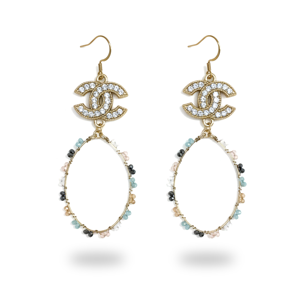 Pave Charm Beaded Oval Drop Earrings