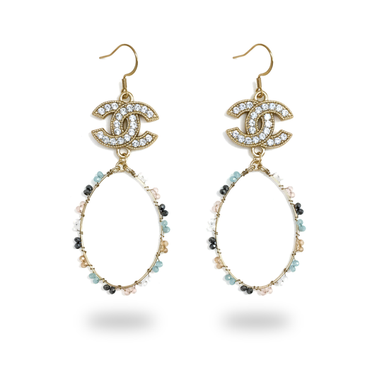 Pave Charm Beaded Oval Drop Earrings