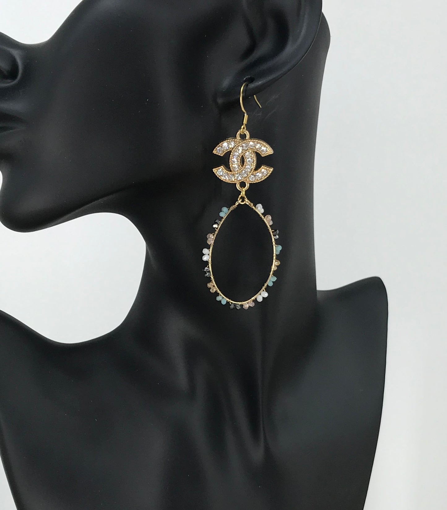 Pave Charm Beaded Oval Drop Earrings